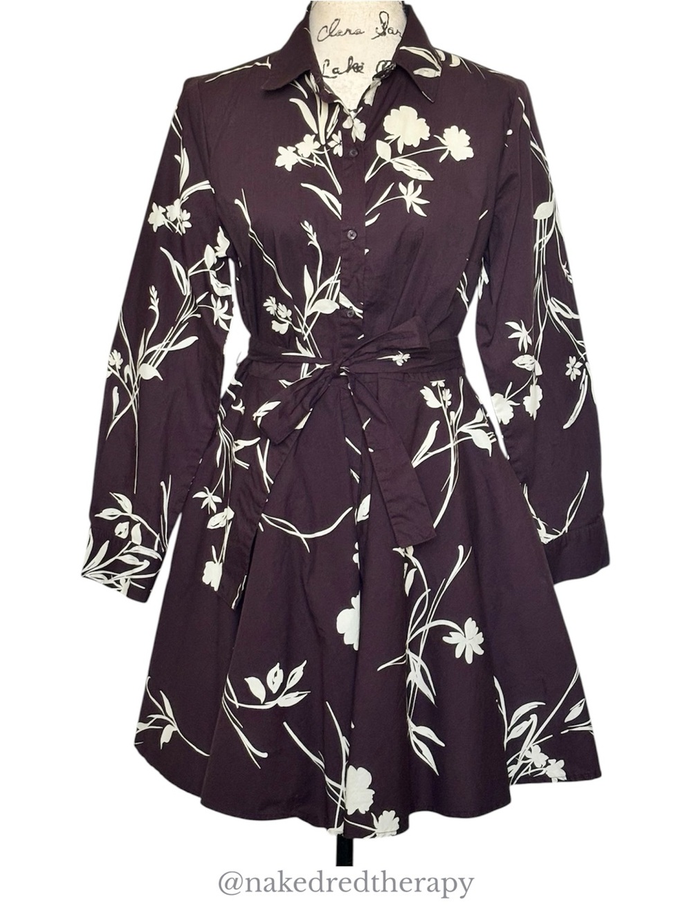 a new day Purple & White Floral Long-Sleeve Shirt Dress Tie Waist | Women Small